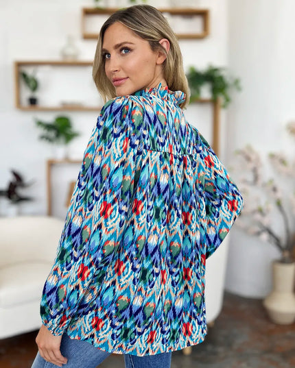 Double Take Full Size Printed Balloon Sleeve Blouse