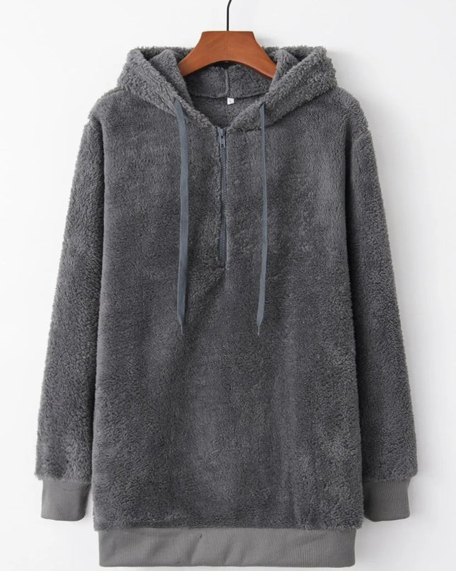 Full Size Quarter-Zip Drawstring Teddy Hoodie