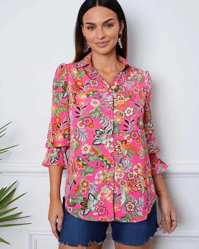 Floral Button Up Flounce Sleeve Shirt