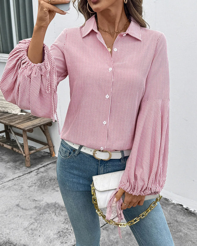 Striped Balloon Sleeve Button-Up Shirt
