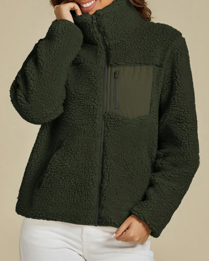 Zip Up Long Sleeve Plush Jacket Dark Green