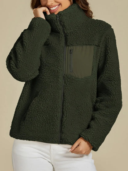 Zip Up Long Sleeve Plush Jacket Dark Green