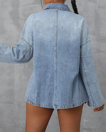 Collared Neck Drop Shoulder Denim Top