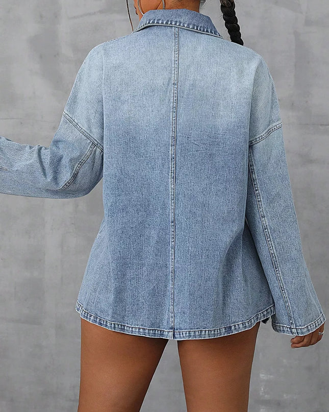 Collared Neck Drop Shoulder Denim Top