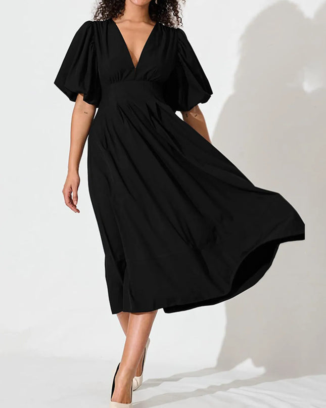 V-Neck Puff Sleeve Midi Dress Black