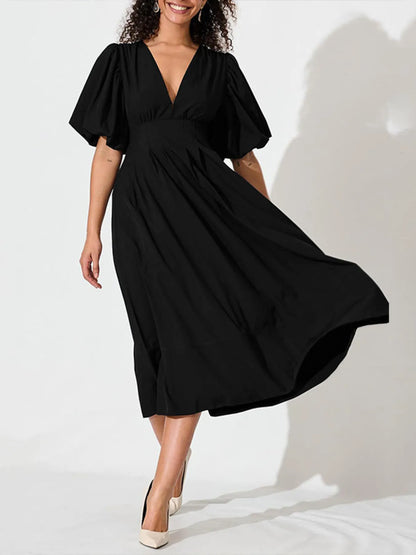V-Neck Puff Sleeve Midi Dress Black