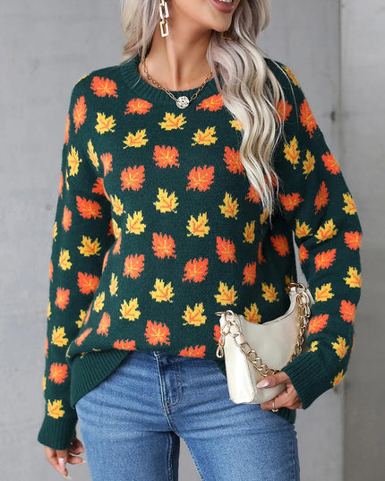 Angel Wings Maple Leaf Round Neck Long Sleeve Sweater Dark Green