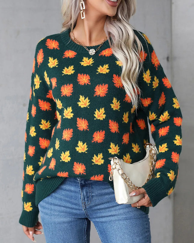 Angel Wings Maple Leaf Round Neck Long Sleeve Sweater Dark Green