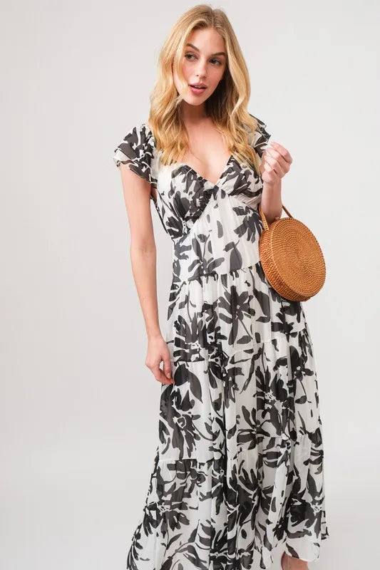 And The Why Ruffled Sleeve Tiered Floral Print Maxi Dress