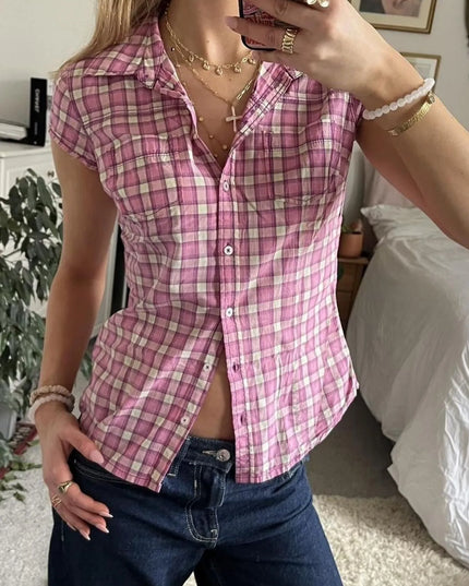 Plaid Cap Sleeve Button-Up Shirt