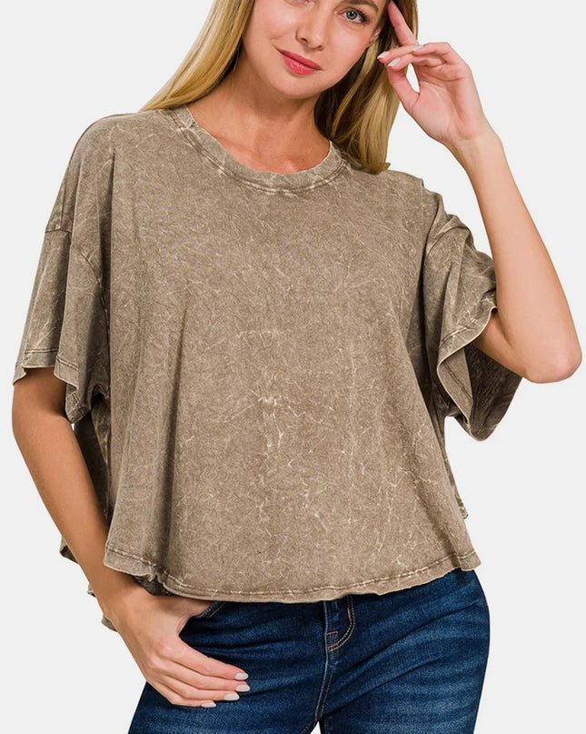 Zenana Washed Round Neck Drop Shoulder Cropped T-Shirt MOCHA