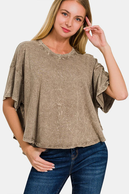 Zenana Washed Round Neck Drop Shoulder Cropped T-Shirt MOCHA