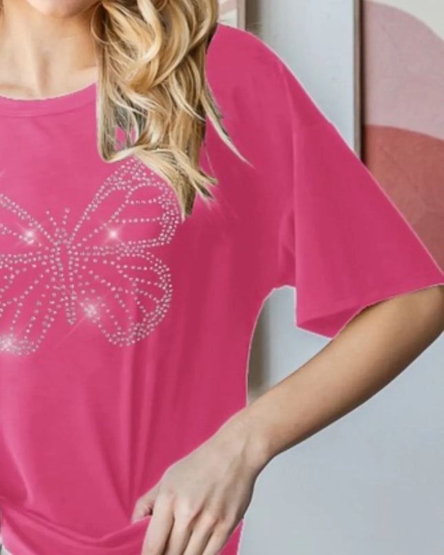 Heimish Full Size Rhinestone Butterfly Round Neck Short Sleeve T-Shirt Plus Size