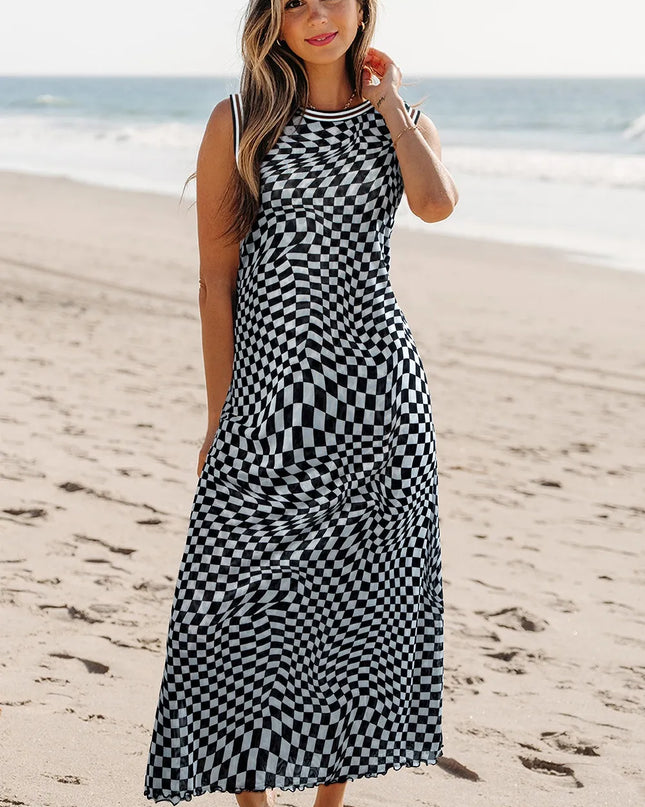 Checkered Round Neck Sleeveless Midi Dress 