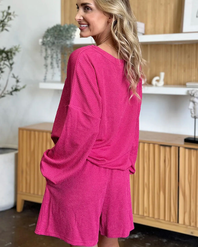 Double Take Full Size Texture V-Neck Long Sleeve T-Shirt and Shorts Set