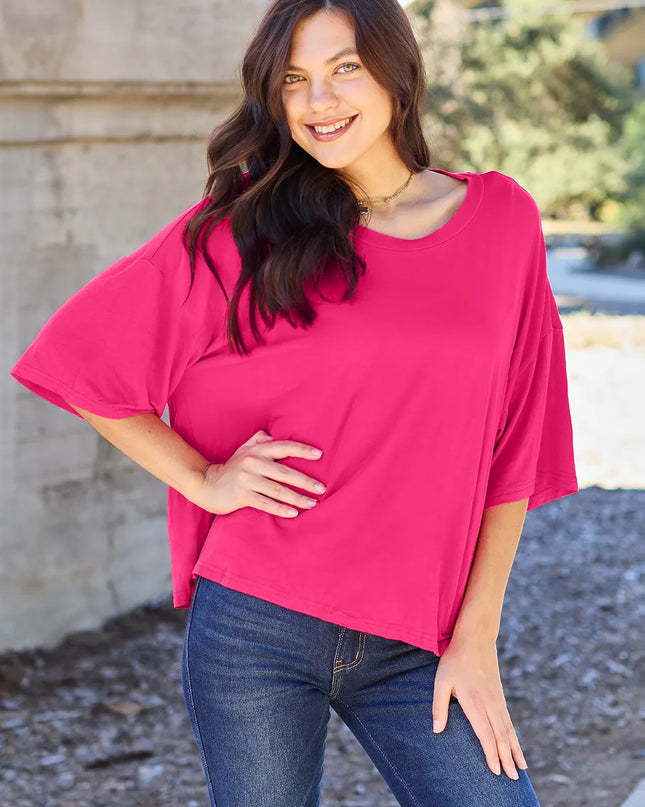 Basic Bae Full Size Round Neck Drop Shoulder T-Shirt Hot Pink