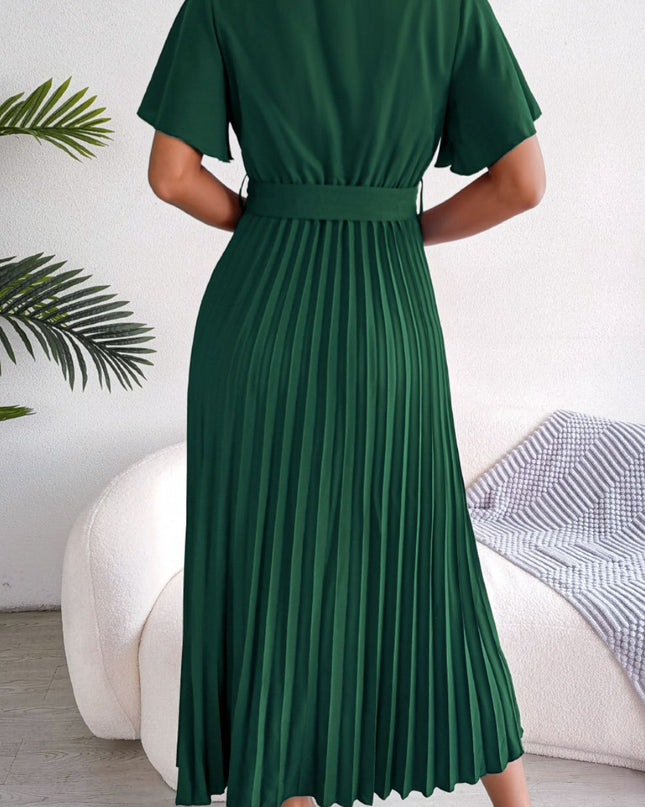 Pleated Flutter Sleeve Belted Dress