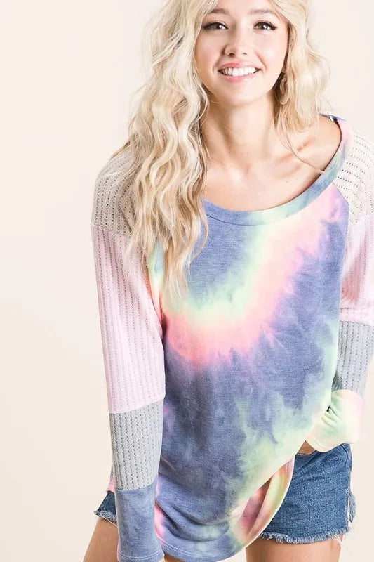 BiBi Tie Dye Terry Top With Color Block Pointelle Knit