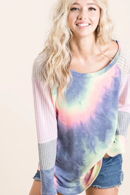 BiBi Tie Dye Terry Top With Color Block Pointelle Knit