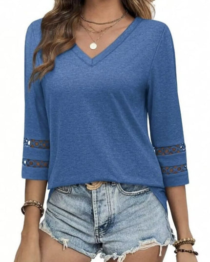 Full Size V-Neck 3/4 Sleeve T-Shirt Plus Size Dusty Blue