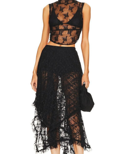 Asymmetrical Lace Midi Skirt Black