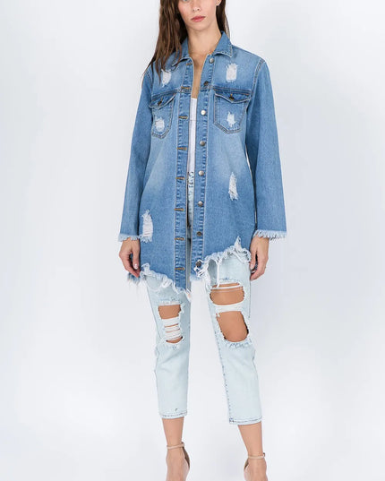 American Bazi Distressed Frayed Hem Denim Jacket 