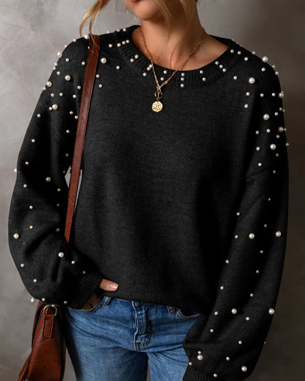 Pearl Detail Round Neck Long Sleeve Sweater Black