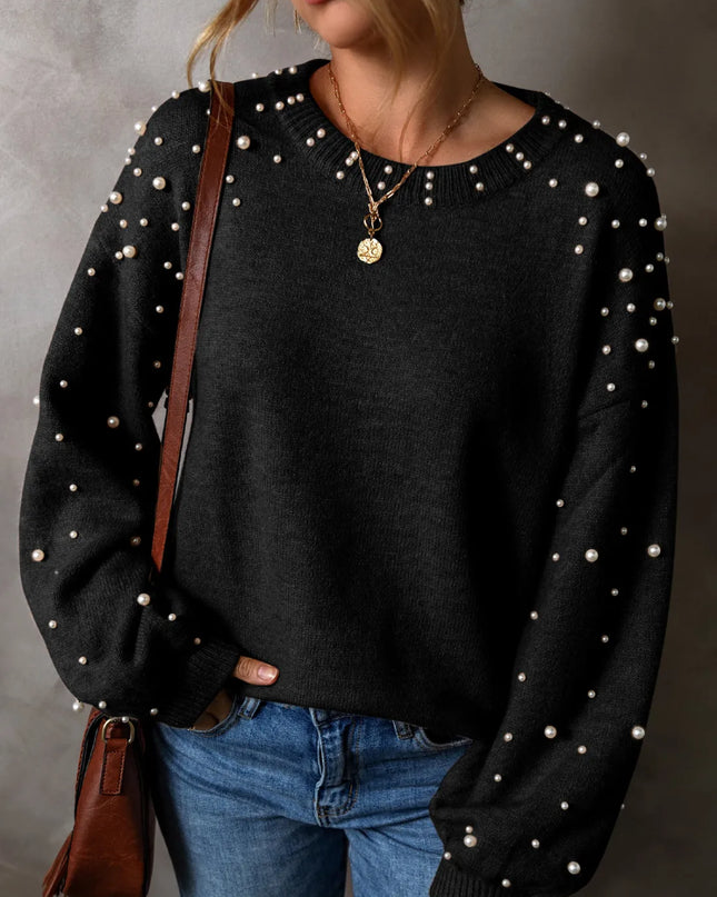 Pearl Detail Round Neck Long Sleeve Sweater Black