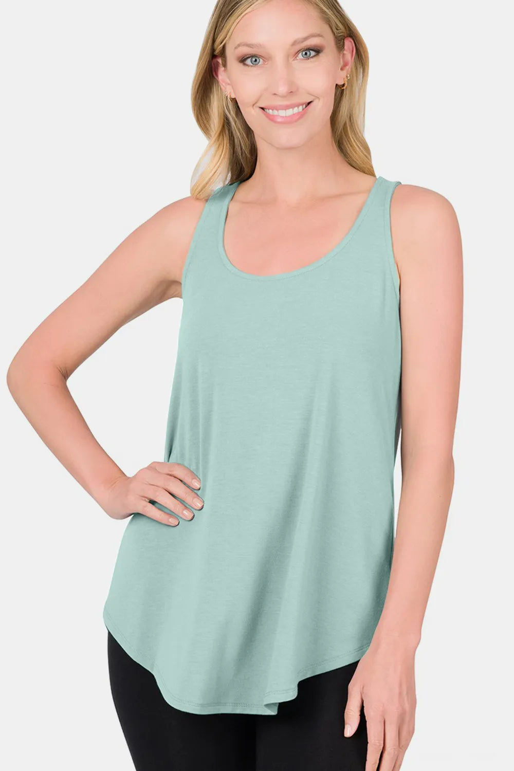Zenana Round Neck Curved Hem Tank DUSTY GREEN