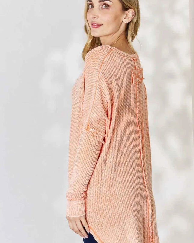 Zenana Oversized Washed Waffle Long Sleeve Top