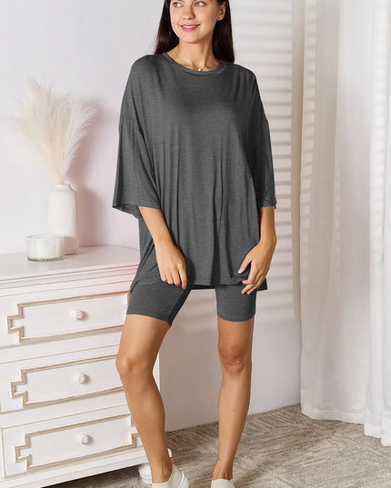 Basic Bae Full Size Soft Rayon Three-Quarter Sleeve Top and Shorts Set Dark Gray