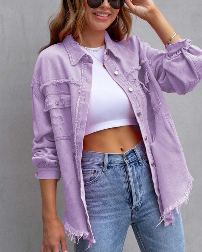 Distressed Drop Shoulder Denim Jacket Lavender