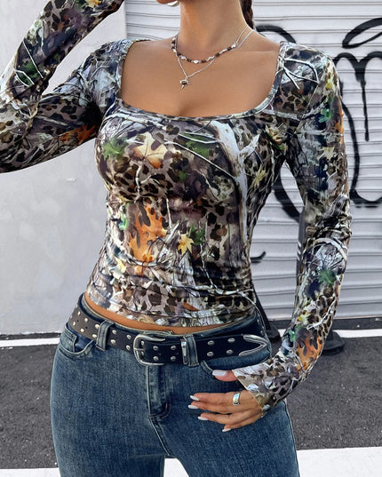 Leopard Long Sleeve Square Neck T-Shirt