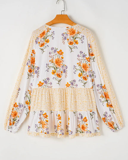 Plus Size Printed Tie Neck Long Sleeve Blouse