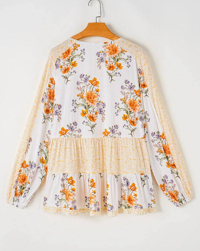 Plus Size Printed Tie Neck Long Sleeve Blouse