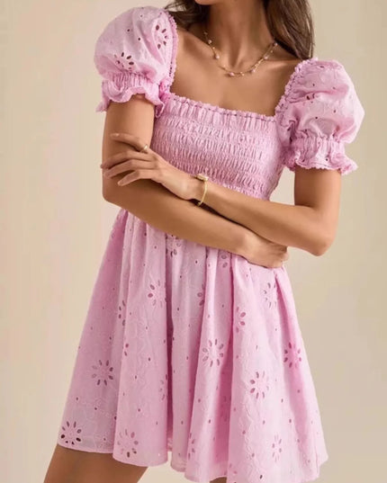Eyelet Puff Sleeve Smocked Mini Dress Pink