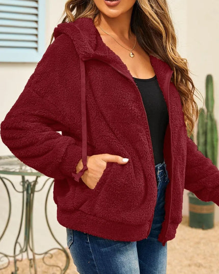 Drawstring Zip Up Hooded Plush Jacket