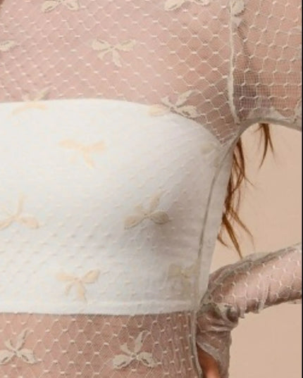 SO ME Bow Ribbon Pattern Sheer Lace Top