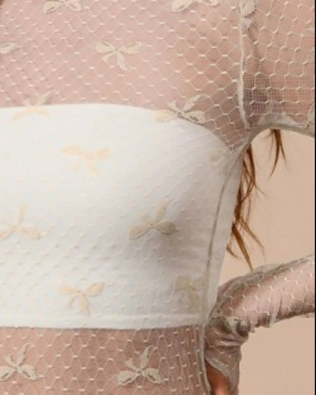 SO ME Bow Ribbon Pattern Sheer Lace Top