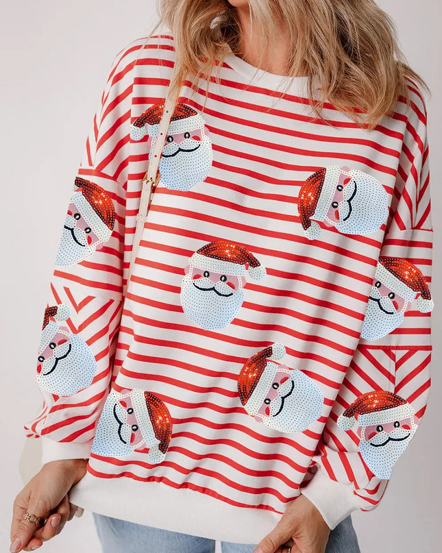 Sequin Santa Striped Round Neck Long Sleeve Sweatshirt