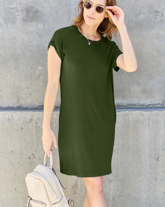 Basic Bae Full Size Round Neck Short Sleeve Dress with Pockets Matcha Green