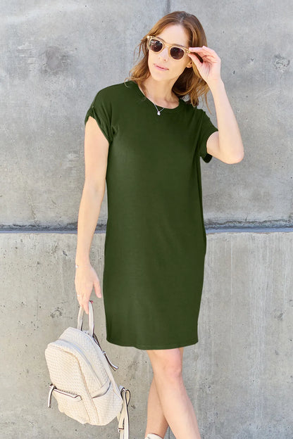 Basic Bae Full Size Round Neck Short Sleeve Dress with Pockets Matcha Green