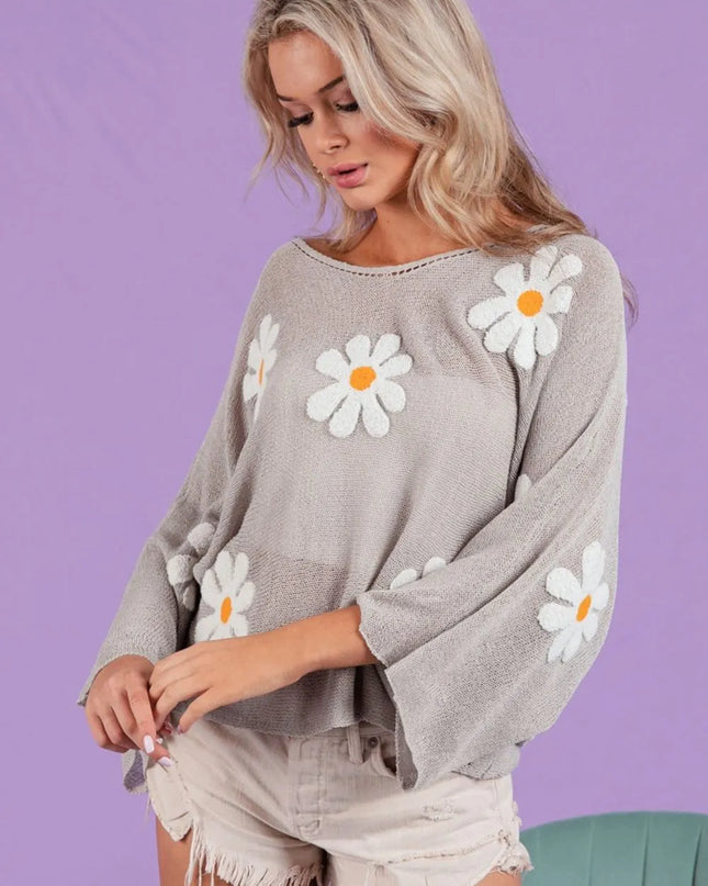 BiBi Flower Embroidery Loose Fit Knit Top GREY