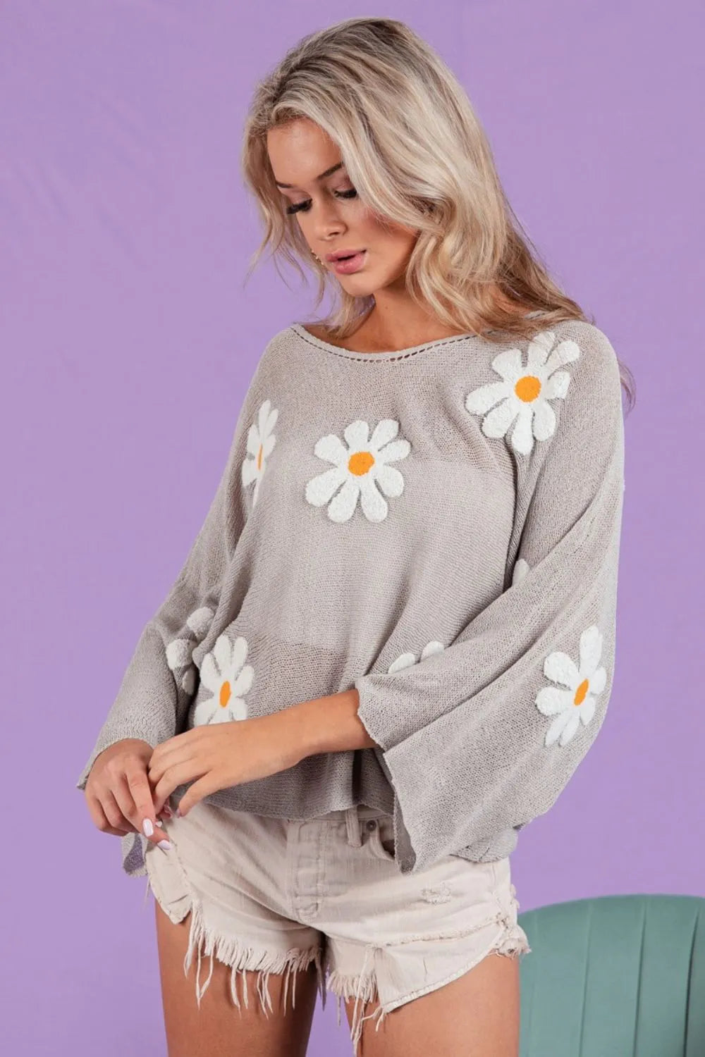 BiBi Flower Embroidery Loose Fit Knit Top GREY