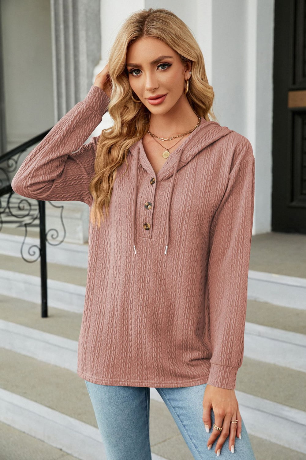 Cable-Knit Long Sleeve Hoodie Dusty Pink