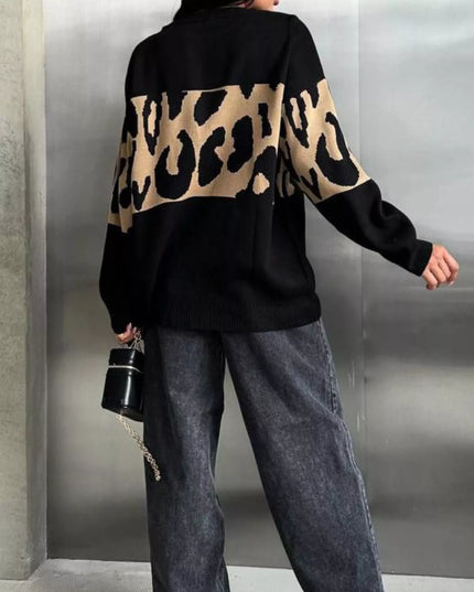Leopard Color Block Round Neck Sweater