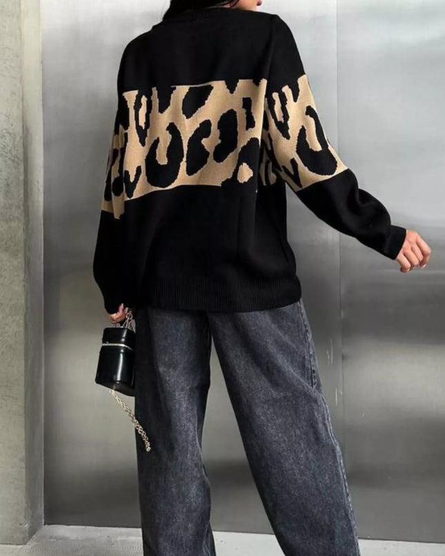 Leopard Color Block Round Neck Sweater