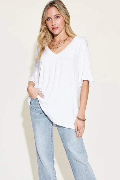 Basic Bae Full Size Bamboo V-Neck Drop Shoulder T-Shirt 