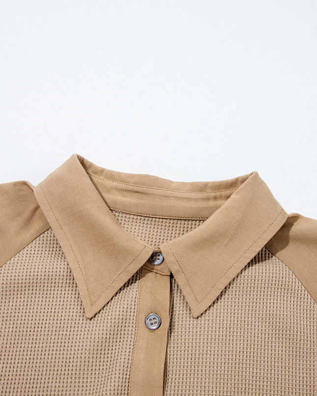 Waffle Patchwork Button Up Frayed Hem Shirt