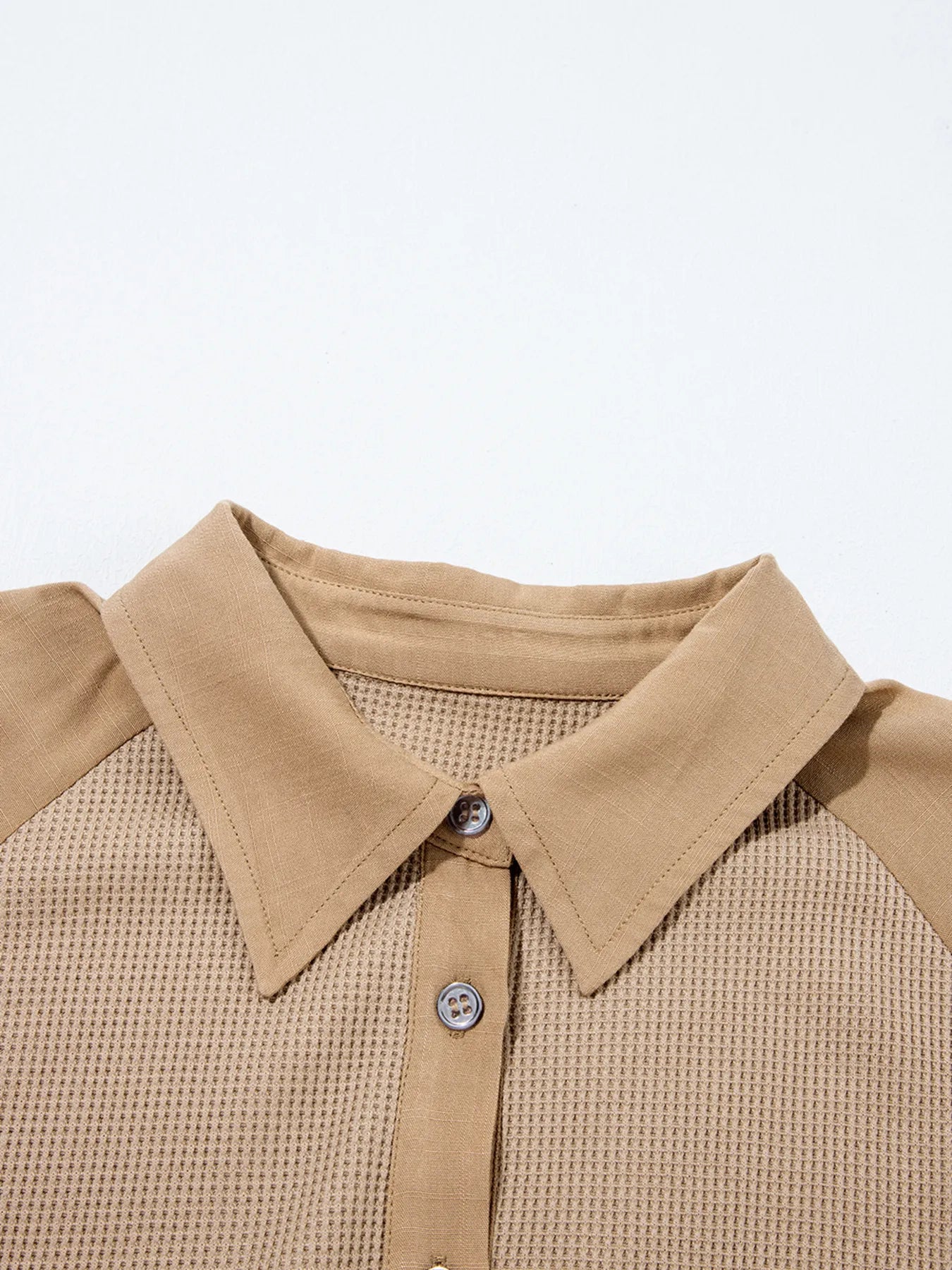 Waffle Patchwork Button Up Frayed Hem Shirt